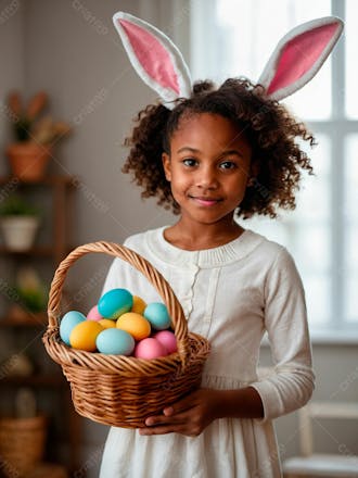 Imagem de uma linda garotinha negra com uma cesta de ovos de páscoa 5