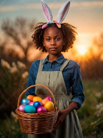 Imagem de uma linda garotinha negra com uma cesta de ovos de páscoa 6