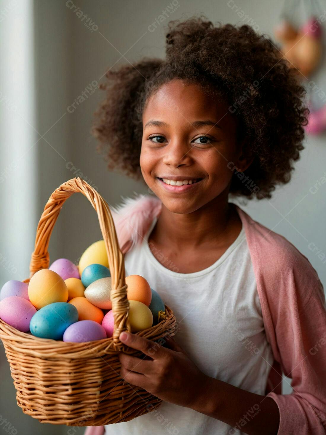 Menina negra segurando cesta de ovos de Páscoa