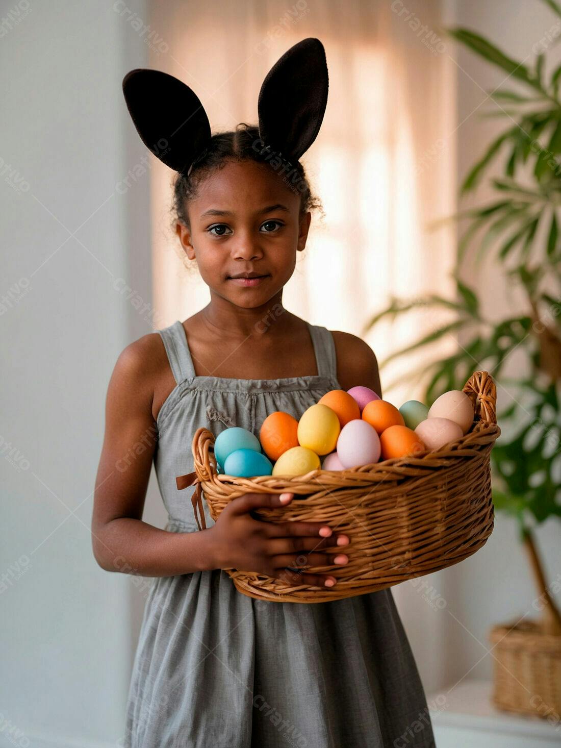 Menina com orelhas de coelho segurando cesta de ovos de Páscoa