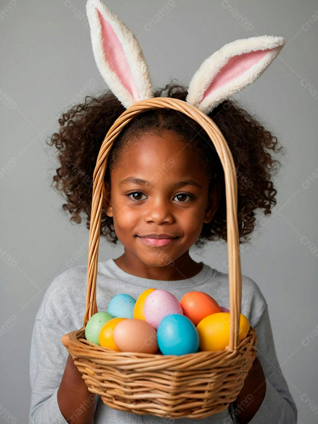 Menina negra com cesta de ovos de Páscoa
