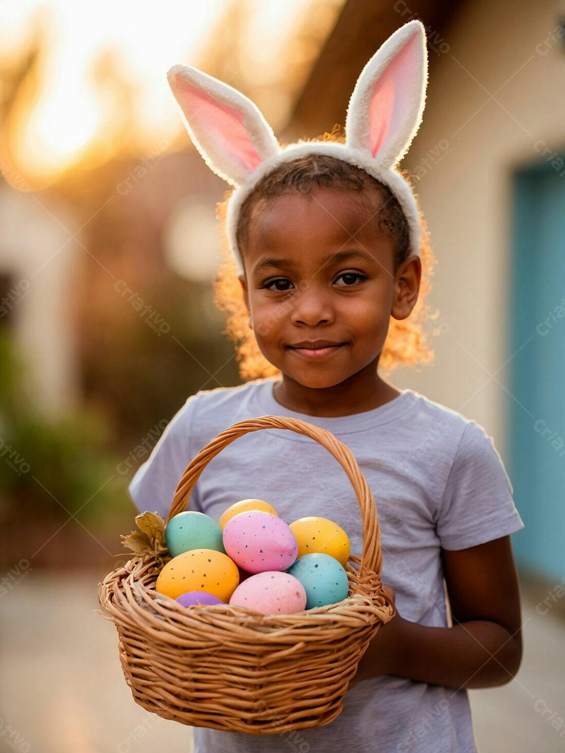 Criança negra com orelhas de coelho segurando cesta de ovos da Páscoa