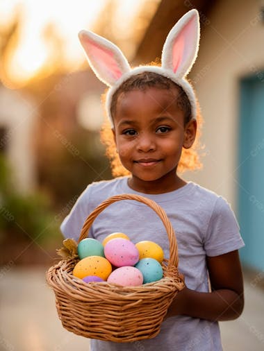 Imagem de uma linda garotinha negra com uma cesta de ovos de páscoa 10