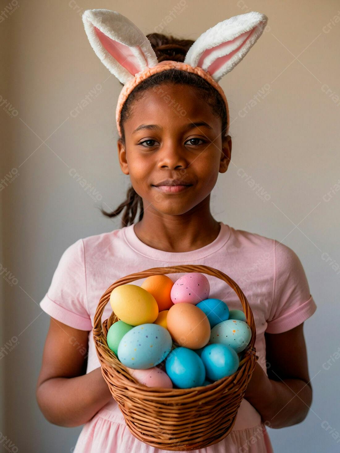 Menina com orelhas de coelho segurando cesta de ovos de Páscoa