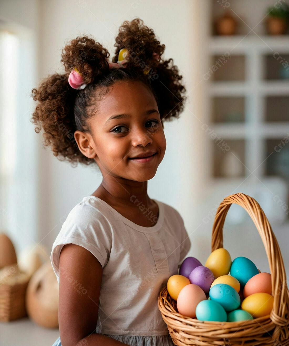 Menina negra com cesta de ovos de Páscoa