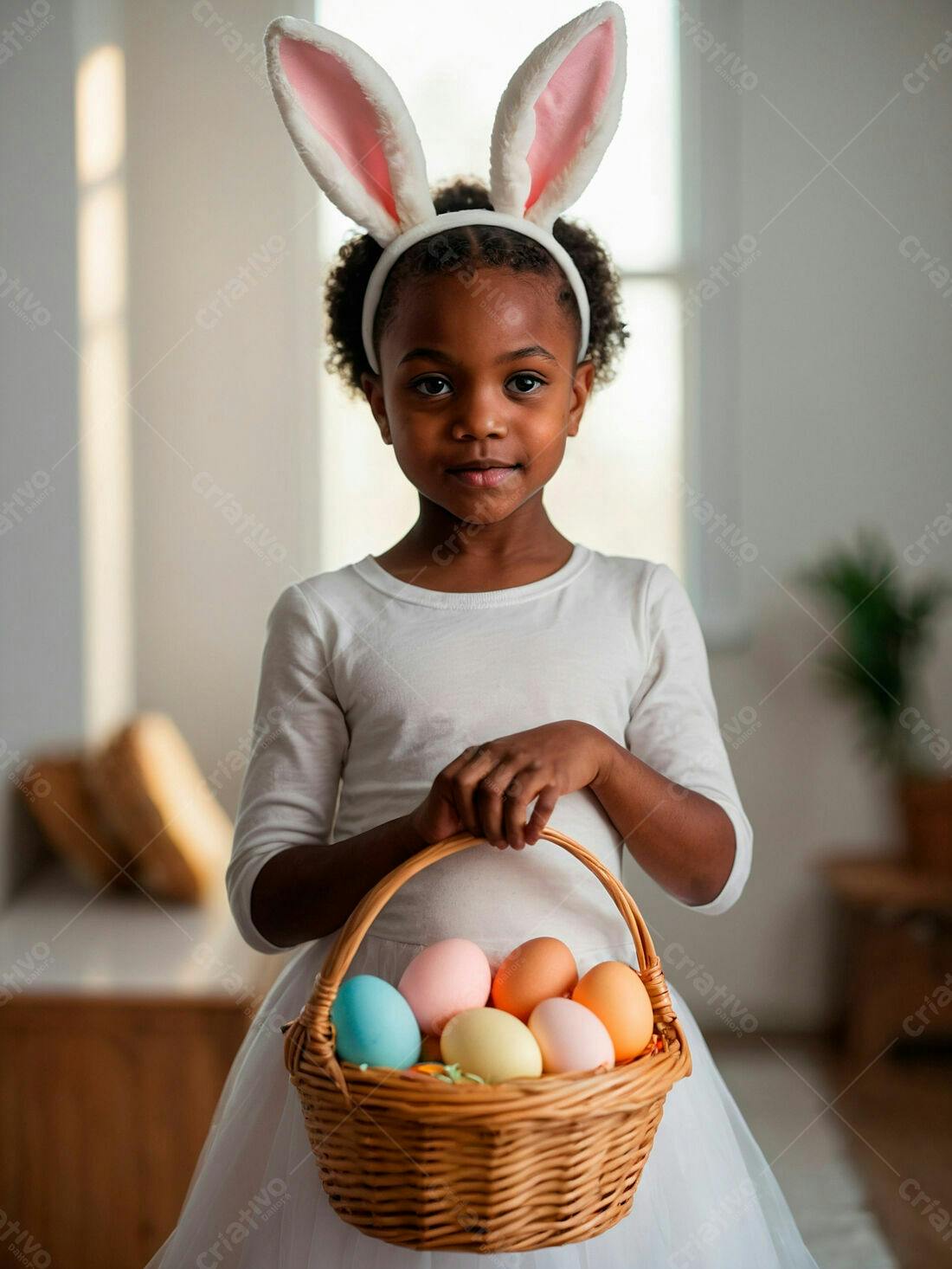 Menina negra com orelhas de coelho cesta de ovos Páscoa