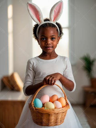 Imagem de uma linda garotinha negra com uma cesta de ovos de páscoa 13