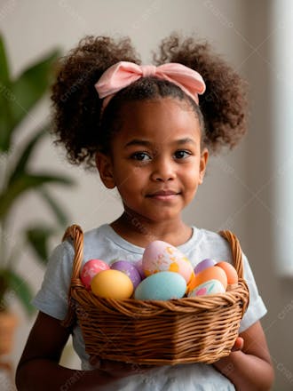 Imagem de uma linda garotinha negra com uma cesta de ovos de páscoa 15
