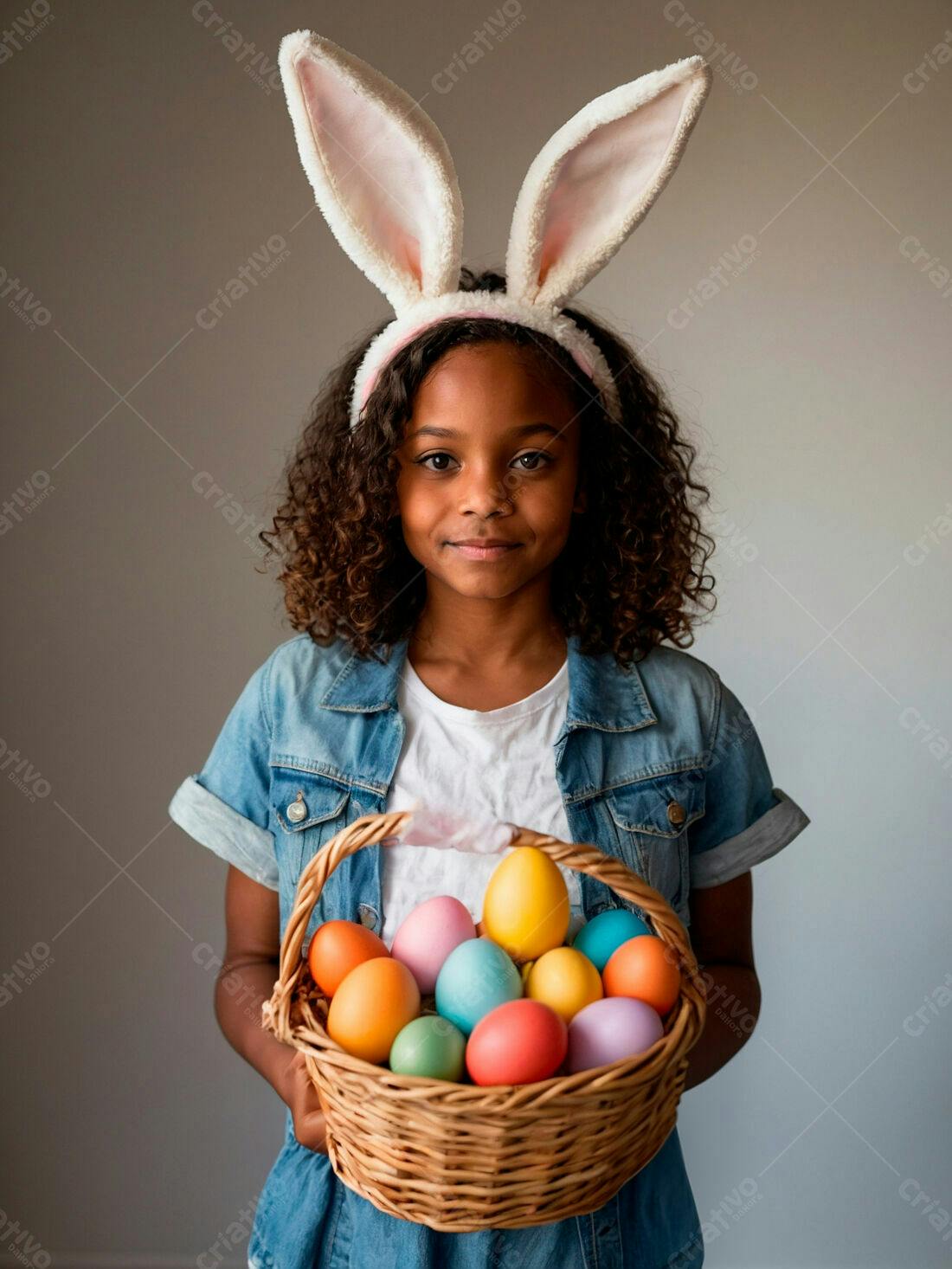 Menina com orelhas de coelho cesta ovos Páscoa