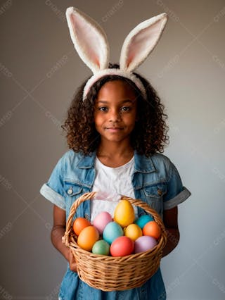Imagem de uma linda garotinha negra com uma cesta de ovos de páscoa 16