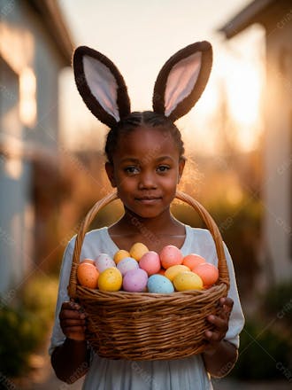 Imagem de uma linda garotinha negra com uma cesta de ovos de páscoa 17