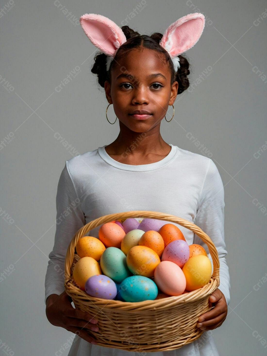 Menina negra com orelhas de coelho cesta ovos Páscoa