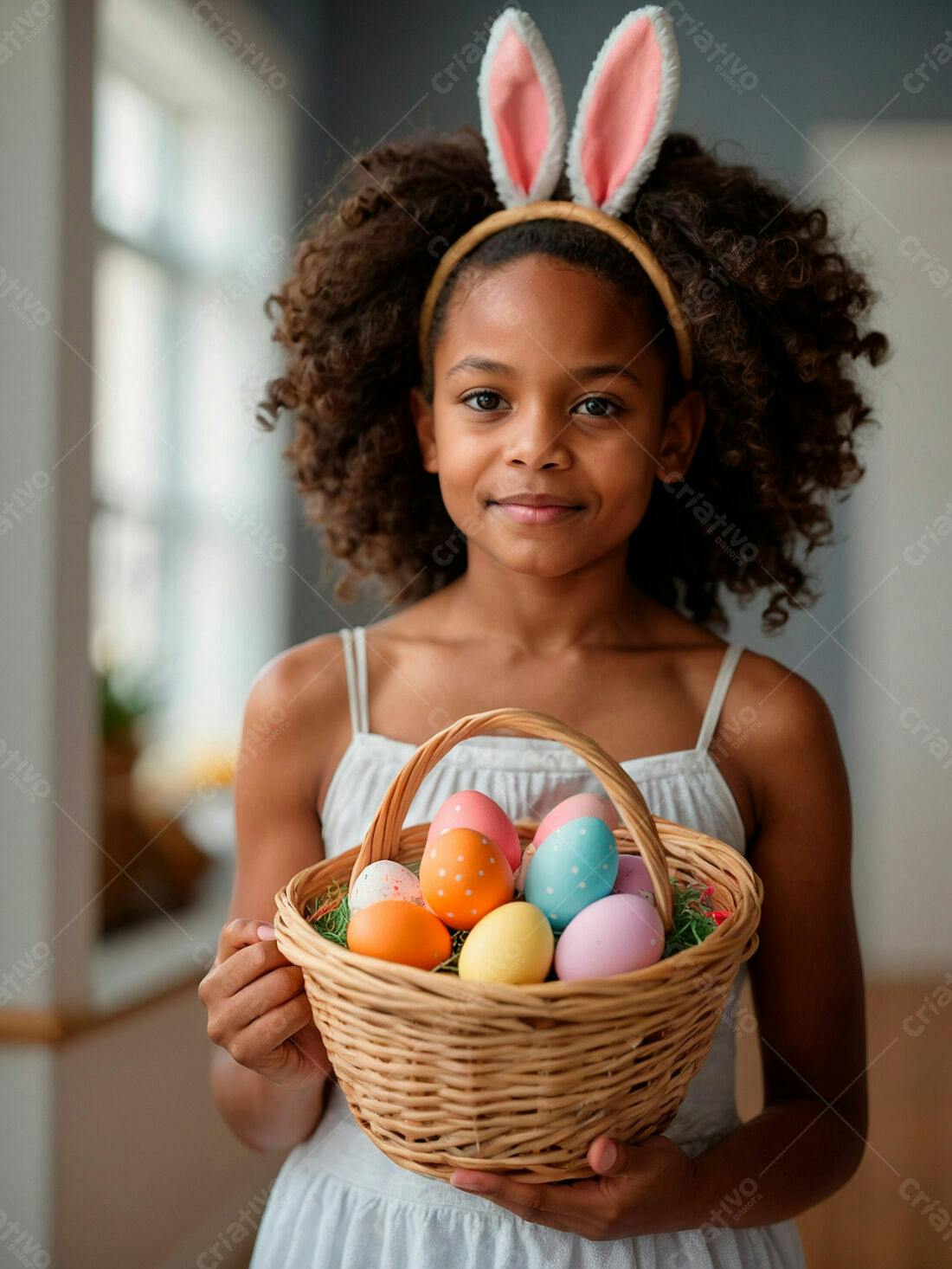 Menina negra com orelhas de coelho segurando cesta de ovos de Páscoa