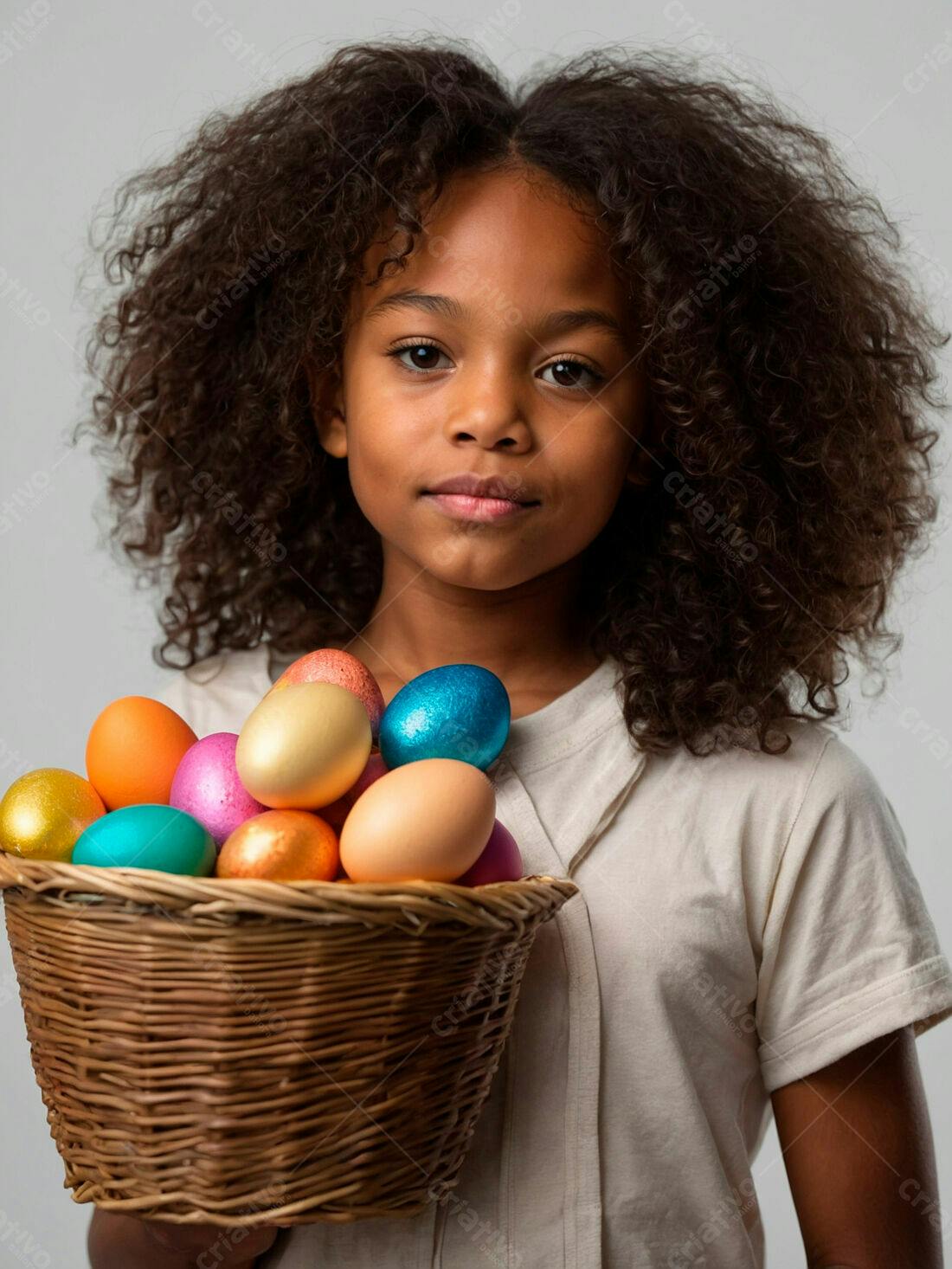 Menina negra com cesta de ovos coloridos da Páscoa