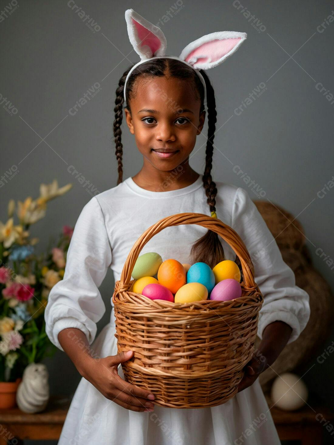 Menina negra com cesta de ovos de Páscoa