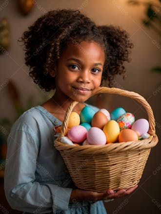 Imagem de uma linda garotinha negra com uma cesta de ovos de páscoa 22