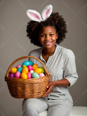Imagem de uma linda garotinha negra com uma cesta de ovos de páscoa 23