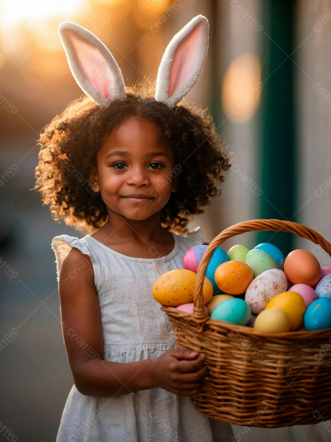 Menina negra com orelhas de coelho segurando cesta de ovos coloridos