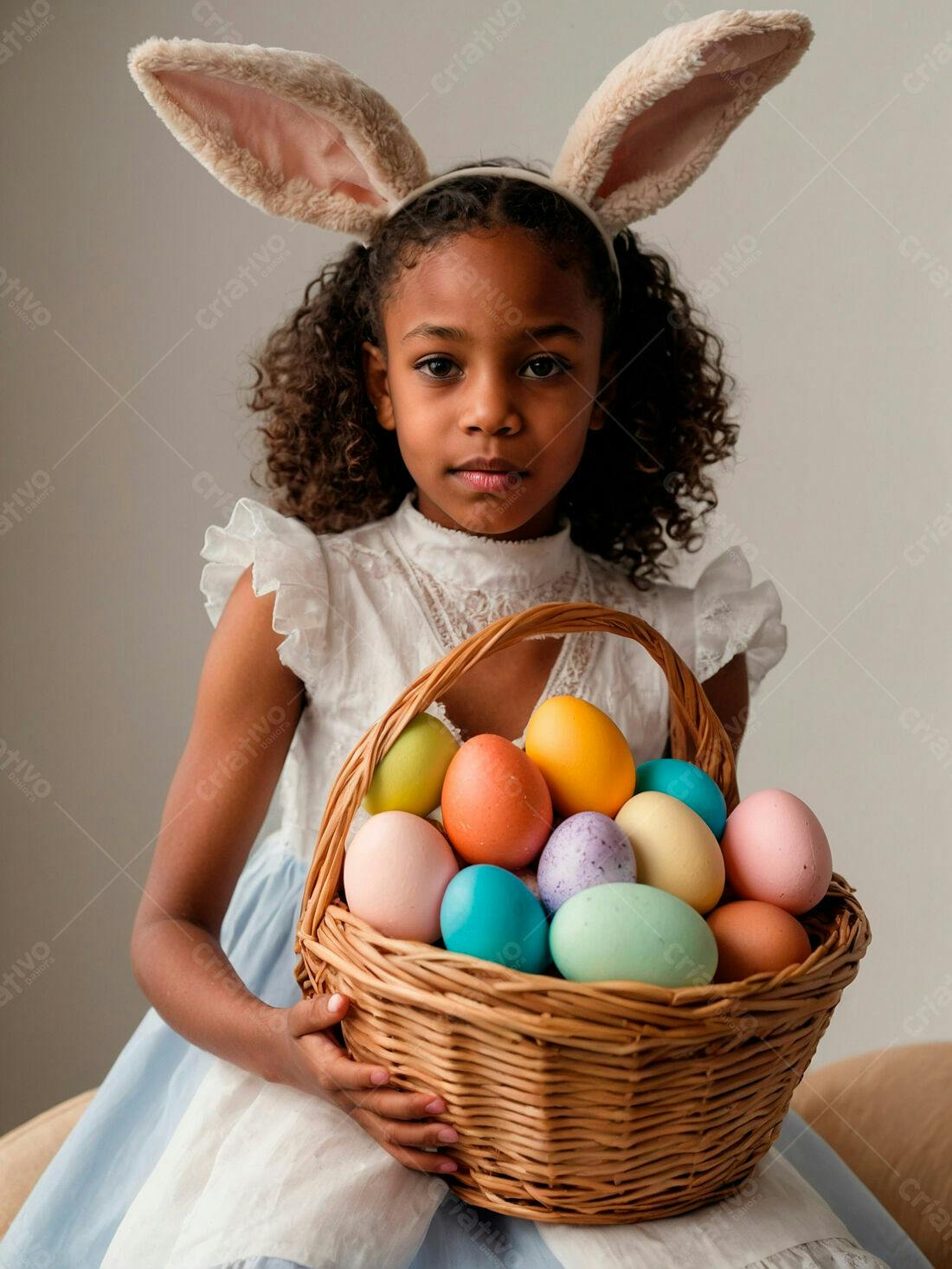 Menina com orelhas de coelho segurando cesta de ovos coloridos Páscoa
