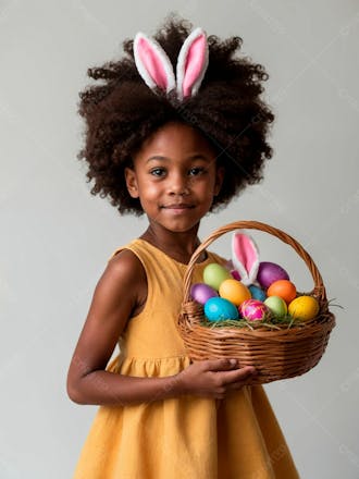 Imagem de uma linda garotinha negra com uma cesta de ovos de páscoa 26