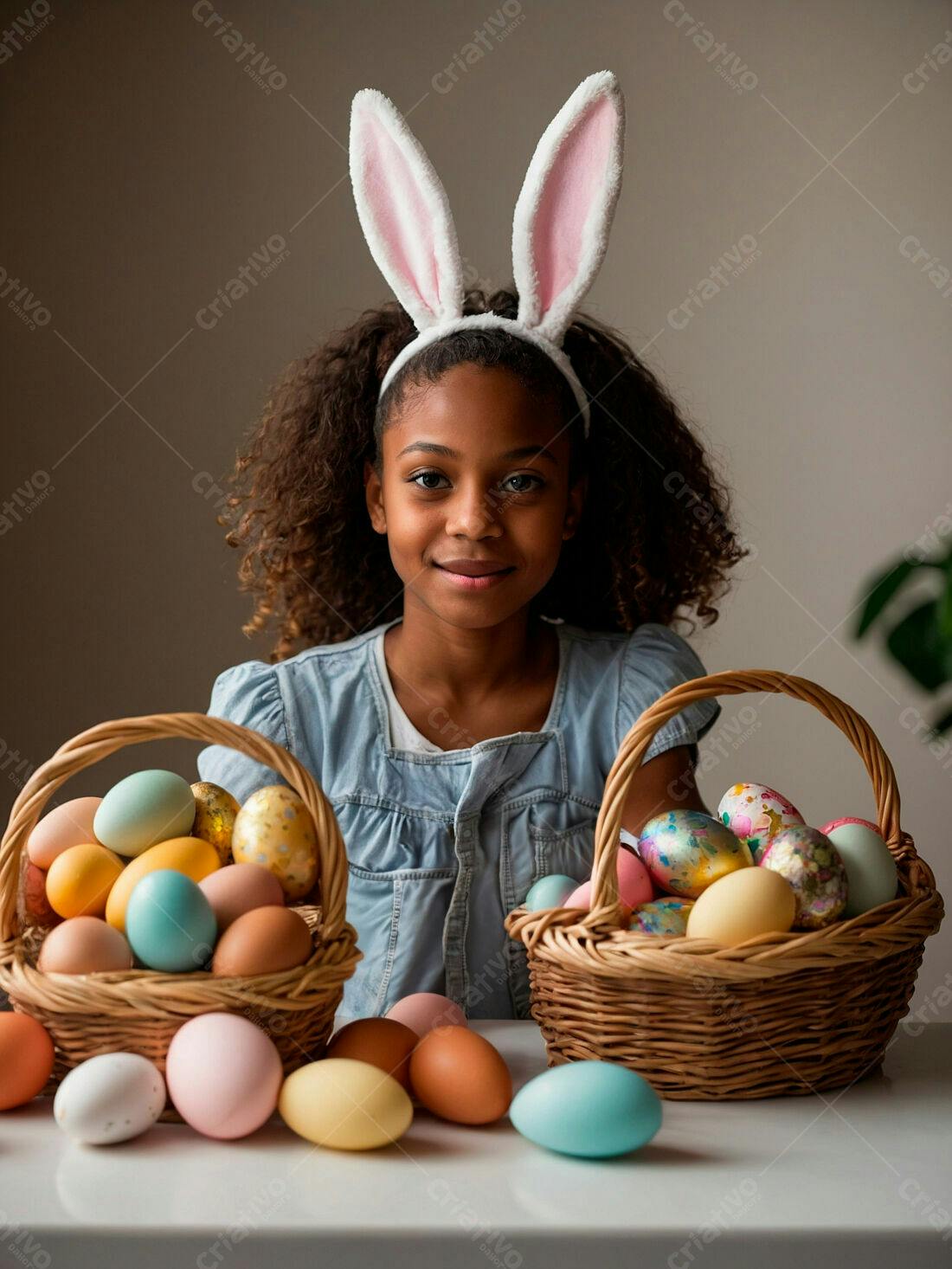 Menina com orelhas de coelho e ovos de Páscoa