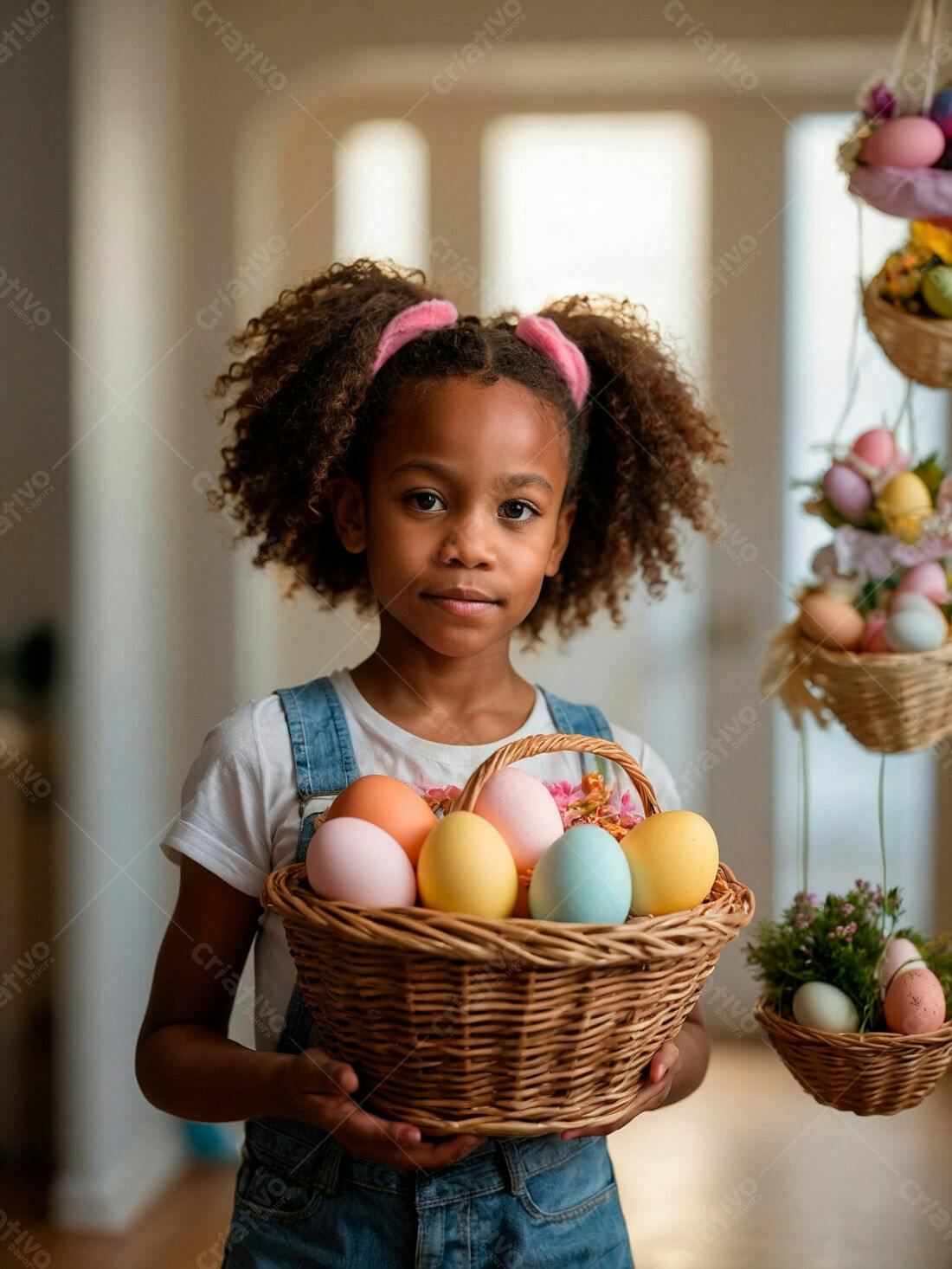 Menina negra com cesta de ovos de Páscoa