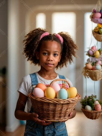Imagem de uma linda garotinha negra com uma cesta de ovos de páscoa 28