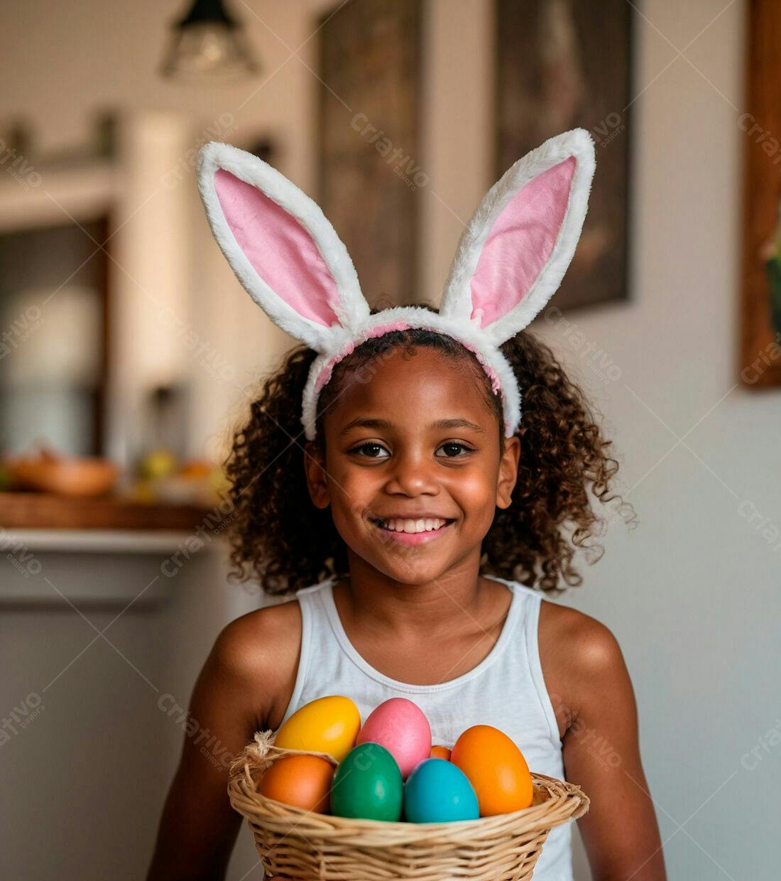 Menina com orelhas de coelho e cesta de ovos coloridos Páscoa