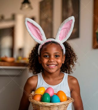 Imagem de uma linda garotinha negra com uma cesta de ovos de páscoa 30