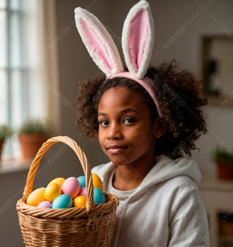 Imagem de uma linda garotinha negra com uma cesta de ovos de páscoa 31