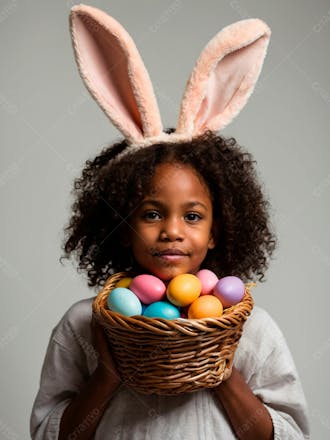 Imagem de uma linda garotinha negra com uma cesta de ovos de páscoa 32
