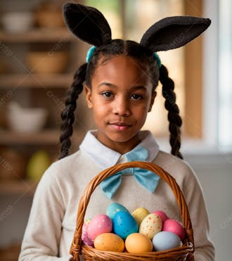 Imagem de uma linda garotinha negra com uma cesta de ovos de páscoa 33