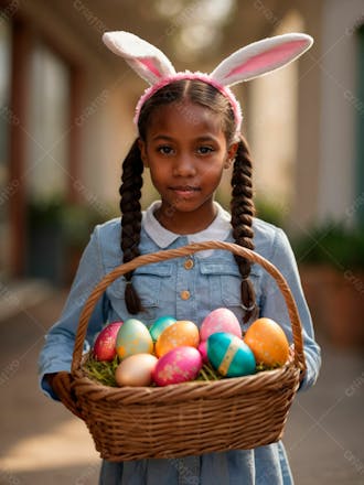 Imagem de uma linda garotinha negra com uma cesta de ovos de páscoa 34