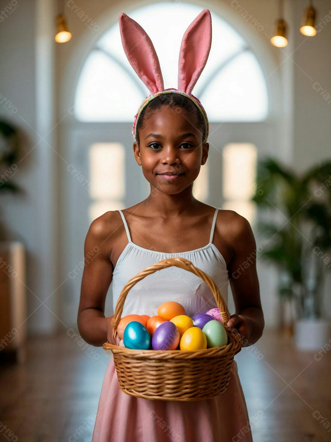 Menina negra com orelhas de coelho segurando cesta de ovos da Páscoa