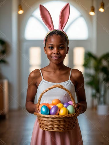 Imagem de uma linda garotinha negra com uma cesta de ovos de páscoa 35