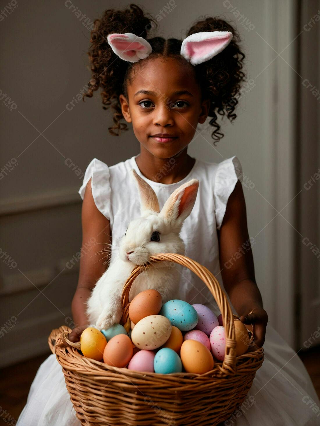 Menina negra com coelhinho e ovos de Páscoa