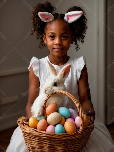 Imagem De Uma Linda Garotinha Negra Com Uma Cesta De Ovos De Páscoa 36