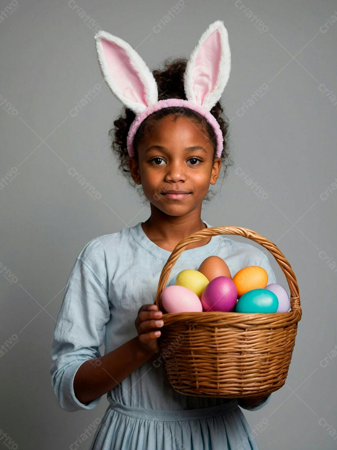 Menina com orelhas de coelho segurando cesta de ovos coloridos Páscoa