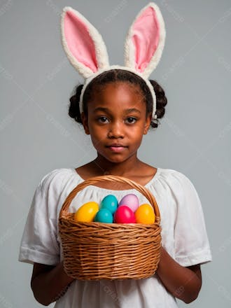 Imagem de uma linda garotinha negra com uma cesta de ovos de páscoa 38