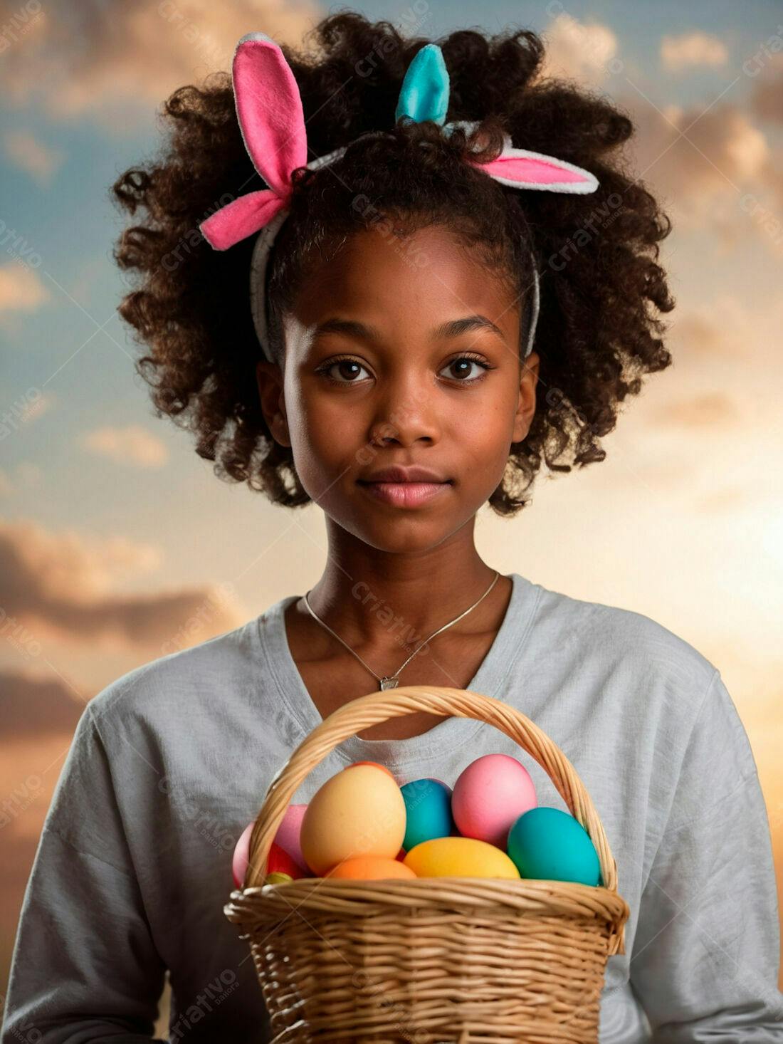 Menina negra com cesta de ovos de Páscoa