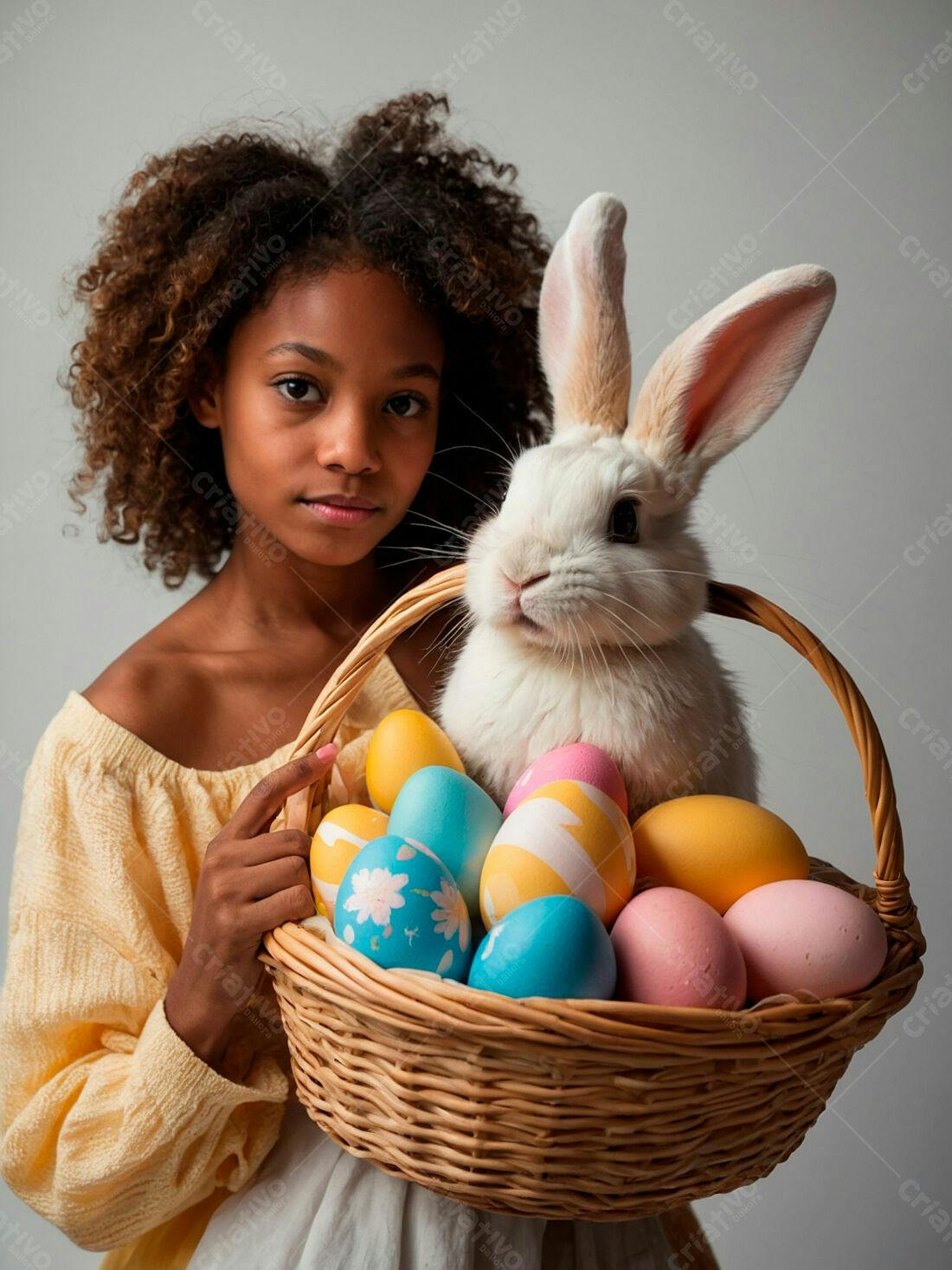 Menina negra com coelhinho e cesta de ovos de Páscoa