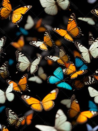 Conjunto de borboletas em aquarela em um fundo preto 6