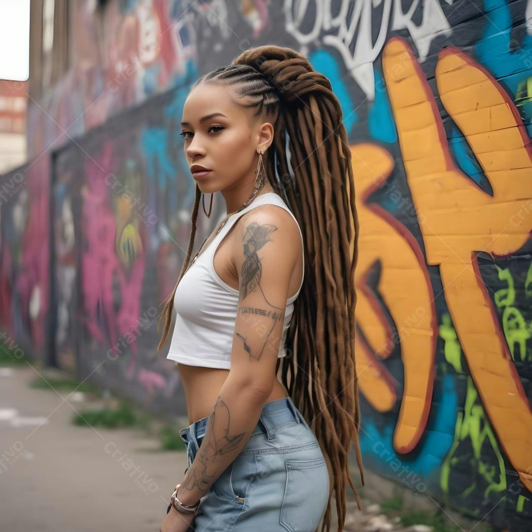 Mulher negra com dreadlocks em cenário urbano