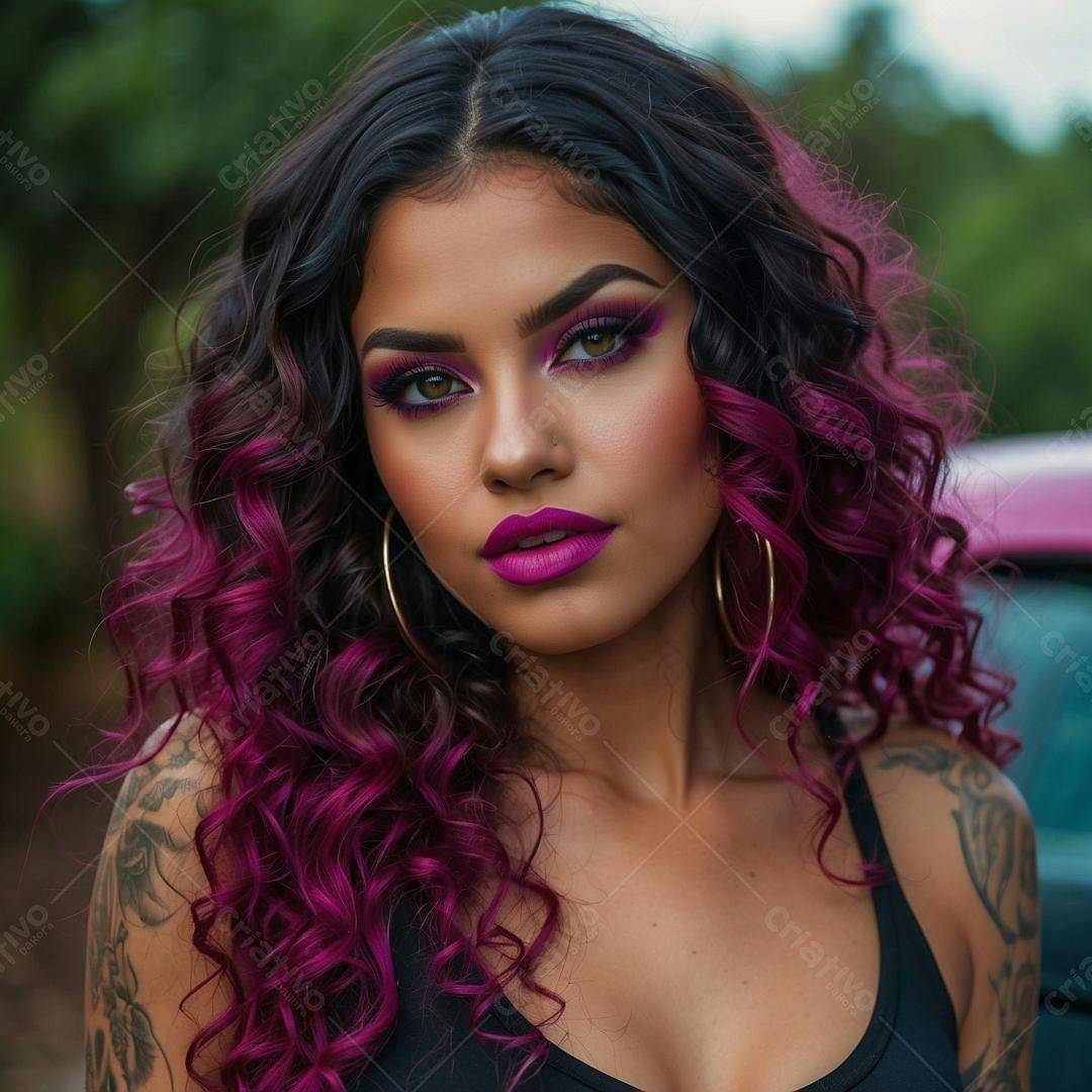 Modelo com cabelo cacheado roxo e maquiagem vibrante