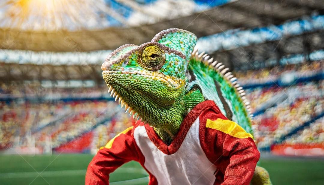 Camaleão torcedor em estádio de futebol