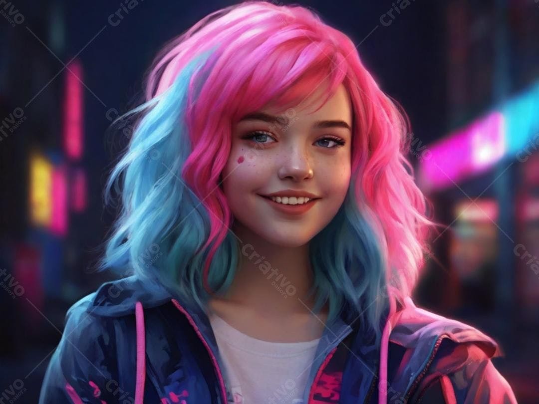 Menina sorrindo com cabelo rosa e azul