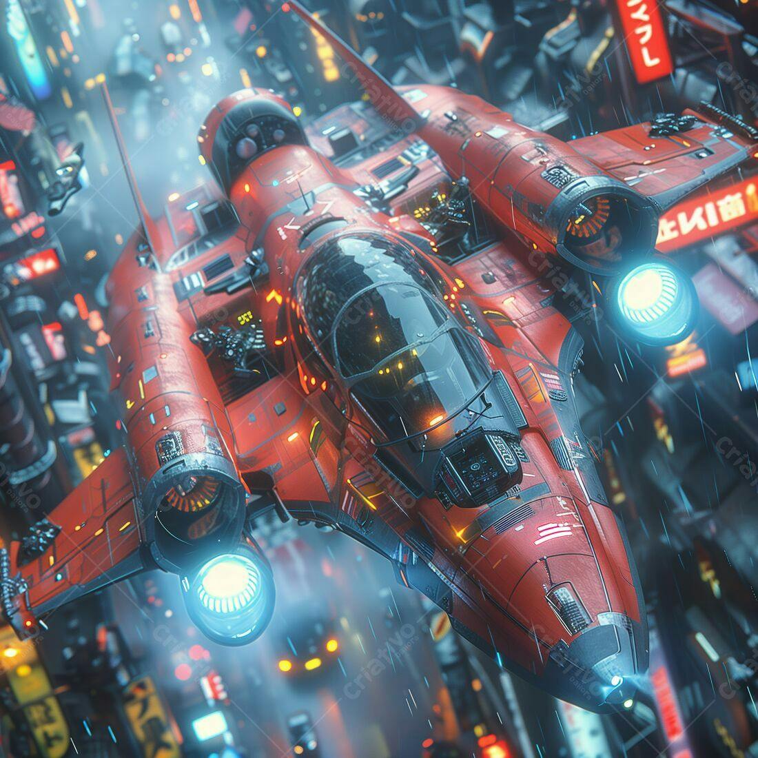 Nave espacial vermelha sobre cidade futurista