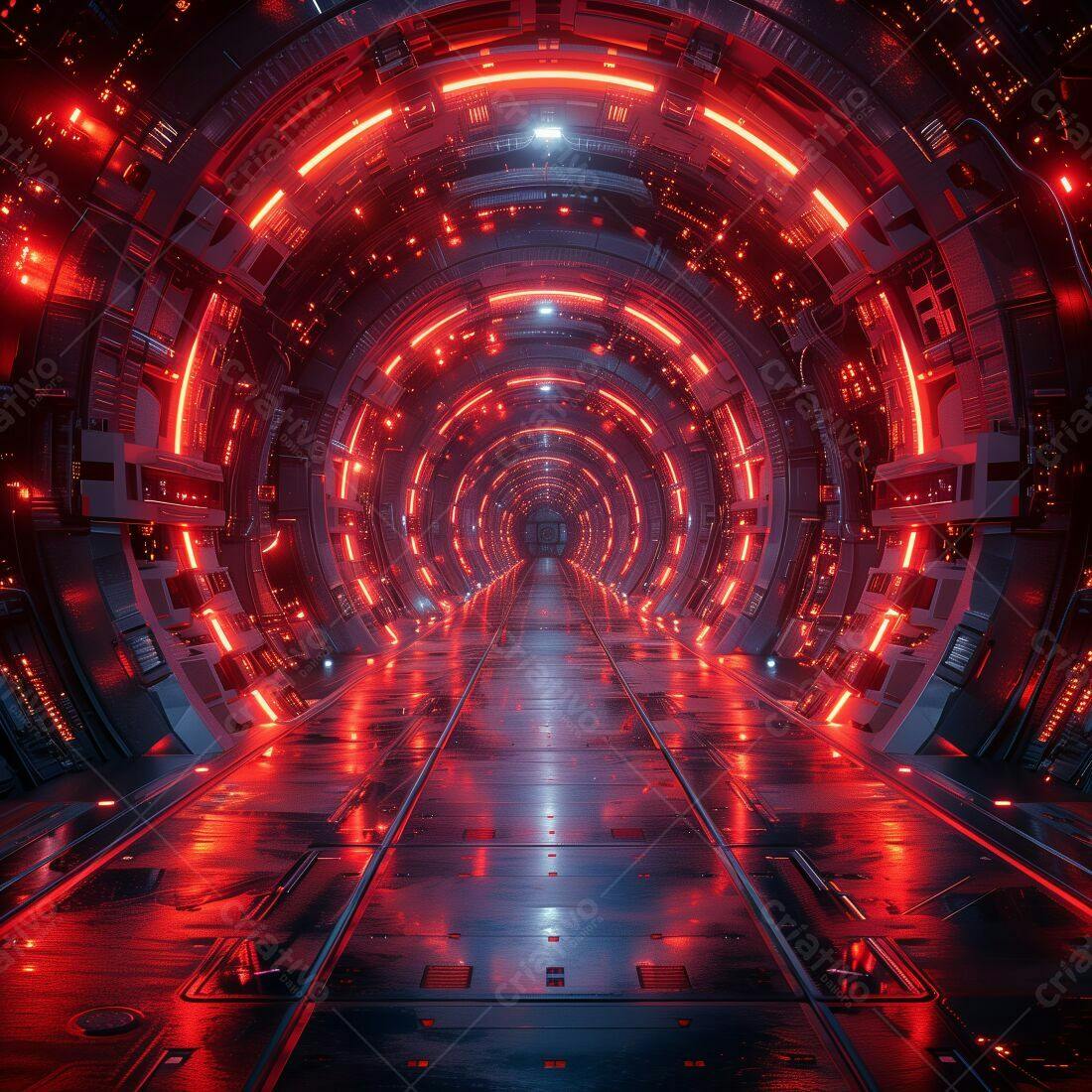 Túnel futurista vermelho e metálico