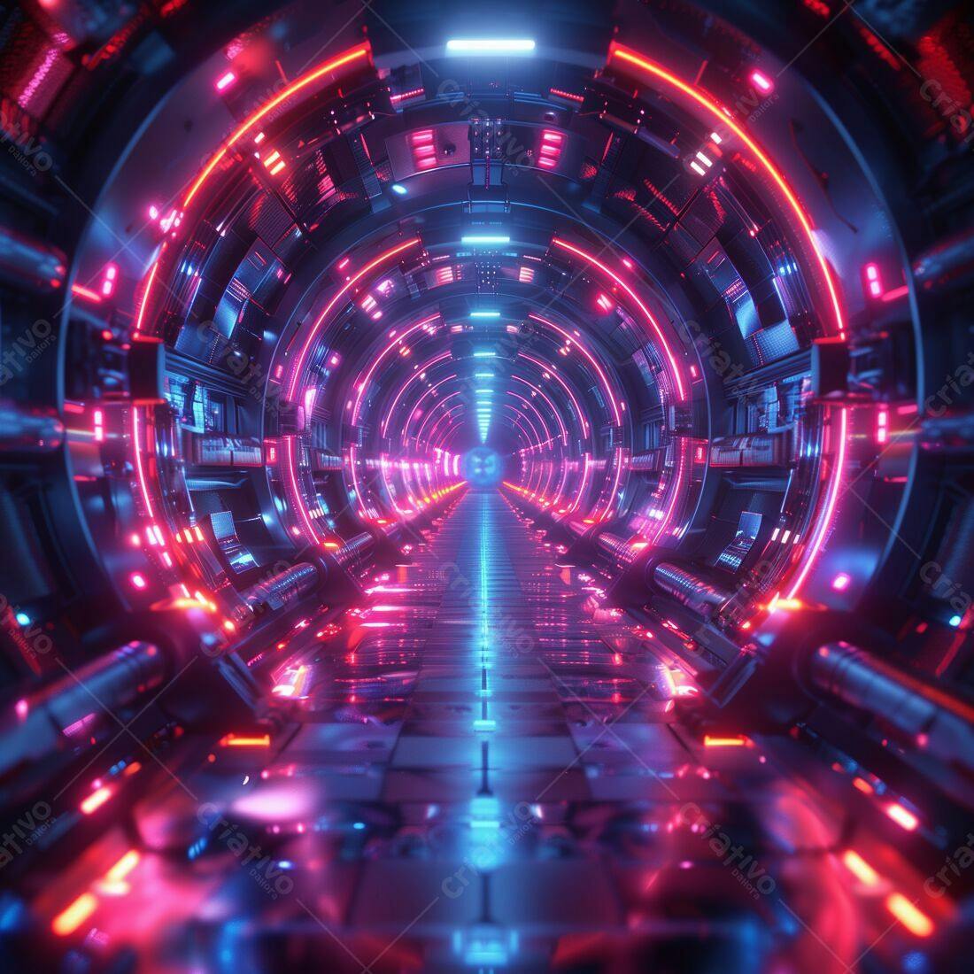 Túnel futurista com luzes neon rosa e azul