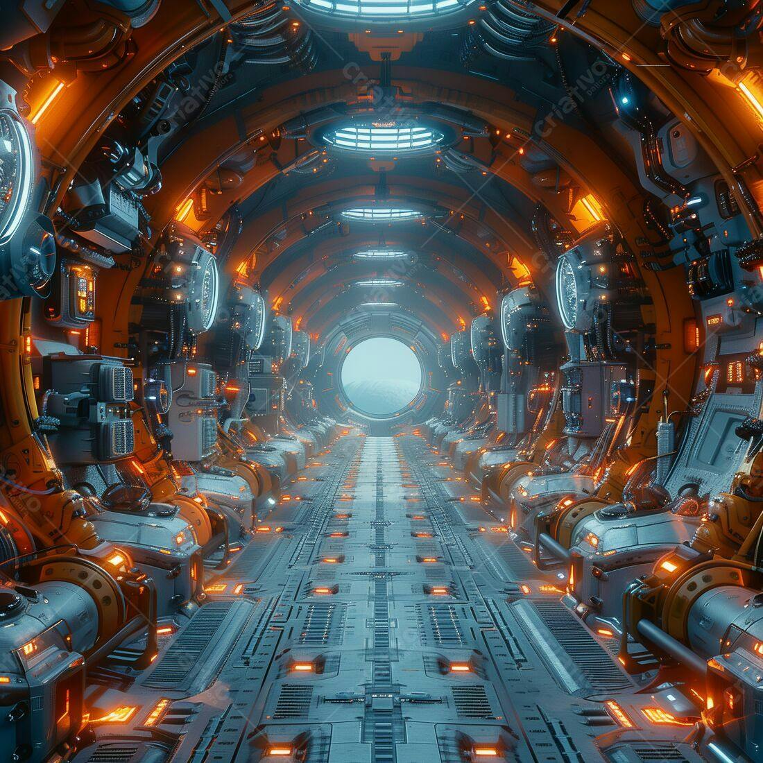 Corredor futurista nave espacial laranja e azul